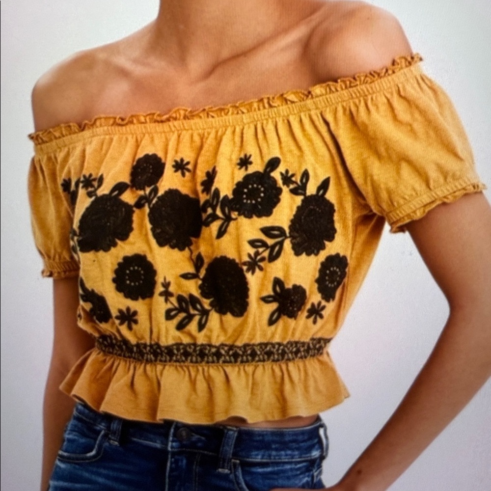 American Eagle Embroidered Medium Floral Gold Crop Top Peasant Cottagecore Boho